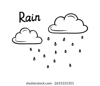 Illustration of rain clouds and text, minimalistic vector illustration, simple transparent graphic element.Isolated on a white background. Vector illustration