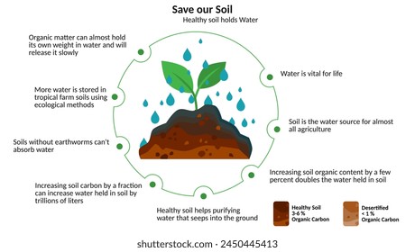 Illustration with rain drops water, water in the ground and Save our Soil for all things. Organic carbon content in the soil. Healthy soil has 3-6% organic carbon