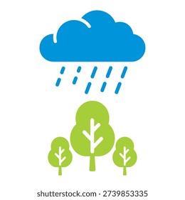 Illustration of rain falling from a cloud onto trees
