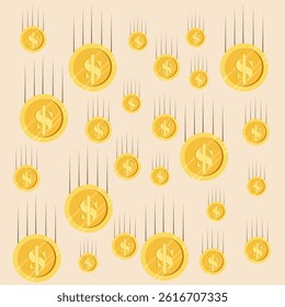 Illustration of a rain of golden dollars falling heavily. Abundant rewards and profits falling like rain in a professional manner.