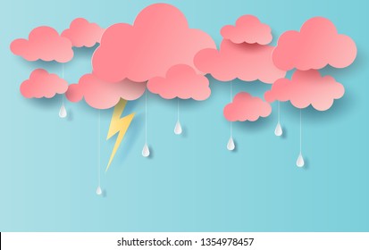 illustration of Rain view with cloud and yellow lighting on blue sky.Rainy season in with storm lightning,paper cut and craft style.Creative design sweet cute beautiful pastel color poster.vector