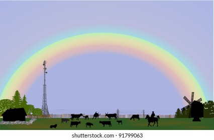 illustration with rainbow above cows on field