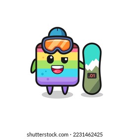 Illustration of rainbow cake character with snowboarding style , cute style design for t shirt, sticker, logo element