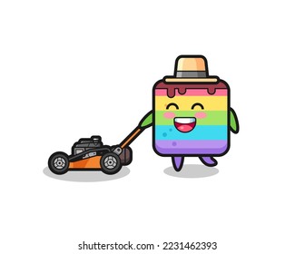 ilustración del personaje de la tarta arcoiris con cortadora de césped, diseño de estilo lindo para camiseta, pegatina, elemento logotipo