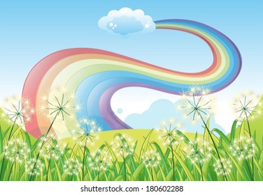 Illustration of a rainbow in the clear blue sky