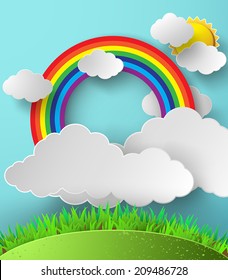 illustration of  rainbow and cloud on sky.paper art style.