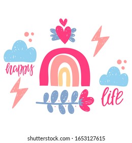illustration of rainbow, clouds, heart with wings, flower and lettering happiness life
