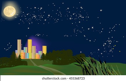 illustration with rainbow color city under full moon and stars