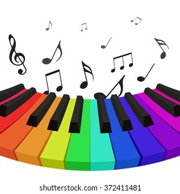 Illustration of rainbow colored piano keys with musical notes. Vector element for your design
