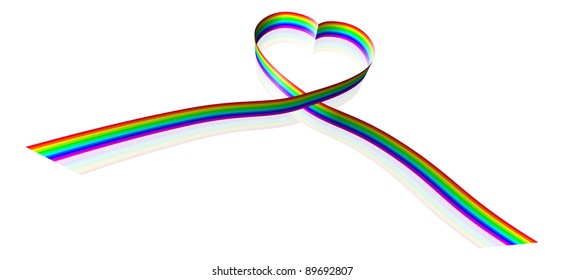 Illustration of a rainbow colored ribbon forming a heart shape.