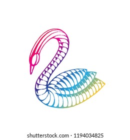 Ilustración de un boceto de tinta vectorizada de color arcoiris de cisne aislado en un fondo blanco