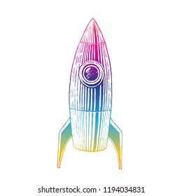 Illustration of Rainbow Colored Vectorized Ink Sketch of Rocket isolated on a White Background