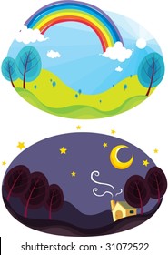 illustration of rainbow and dark night sky
