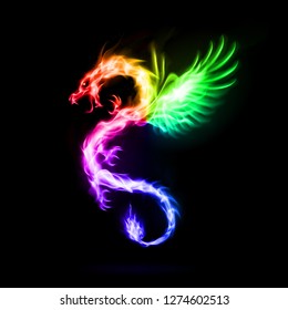 Illustration of Rainbow Fire Dragon with Wings Symbol of Wisdom and Power on Black