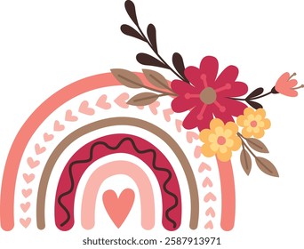 Illustration with rainbow and floral composition. Cute element in boho style