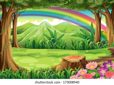 Illustration of a rainbow and a forest