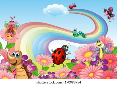 Illustration of a rainbow at the garden with insects