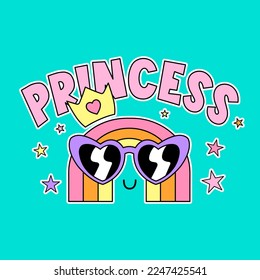 ILLUSTRATION OF A RAINBOW WITH GLASSES AND PRINCESS CROWN, SLOGAN PRINT VECTOR