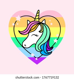 ILLUSTRATION OF A RAINBOW HEART WITH AN UNICORN WITH STARS, SLOGAN PRINT VECTOR