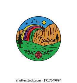 Illustration rainbow in the hill landscape sticker colorful logo design outline vector