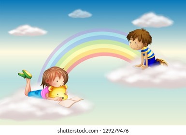 Ilustración de un arco iris con niños