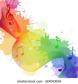 Illustration with rainbow musical notes, waves and watercolor splashes for your creativity