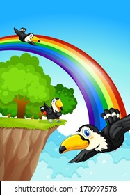 Illustration of a rainbow near the cliff with flying birds