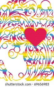 illustration of rainbow ornament and pink heart