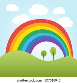 Illustration of rainbow over the hill with trees