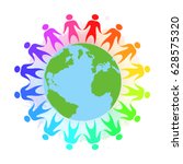 Illustration of rainbow people holding hands around the planet Earth with watercolor splashes. Unity and toleration.