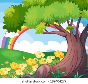 Illustration of a rainbow in the sky and the beautiful flowers
