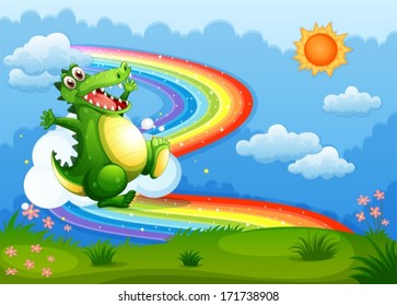 Illustration of a rainbow in the sky with a green crocodile