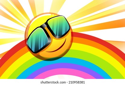Illustration of a rainbow with a smiling sun on a white background