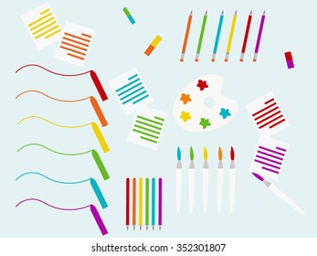 Illustration of rainbow stationery, consist of pencil, ruler, brush, eraser, document and other elements. Vector