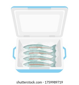 Illustration of a rainbow trout in a cooler box.