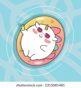 Illustration of a rainbow unicorn chilling on an inflatable in the sea.