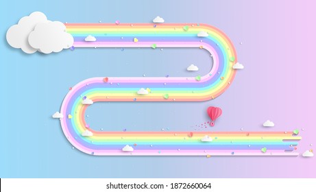 Illustration of rainbows and clouds in the sky. Graphic design for Rainbow. flying hearts. Paper cut and craft styles. vector, illustration.