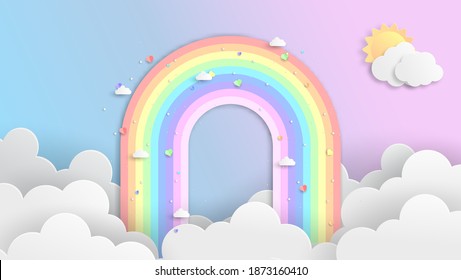 Illustration of rainbows and clouds in the sky. Graphic design for Rainbow. flying hearts. Paper cut and craft styles. vector, illustration.