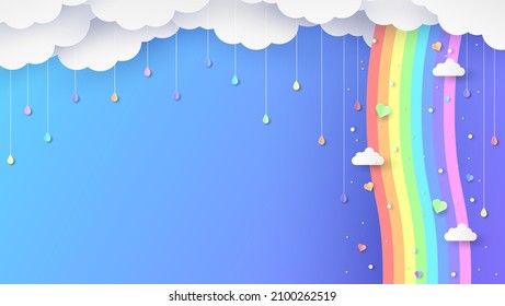 Illustration of rainbows and clouds in the sky. Graphic design for Rainbow. flying hearts. Paper cut and craft styles. vector, illustration.