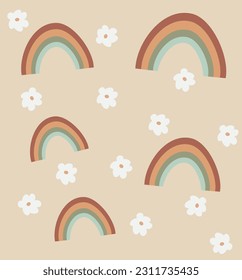 Illustration of rainbows and daisies on a light brown background.