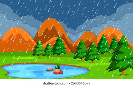 Ilustração de paisagem chuvosa com pinheiros verdes, uma pequena lagoa e montanhas rochosas de laranja sob o céu escuro e nublado, criando uma atmosfera serena.