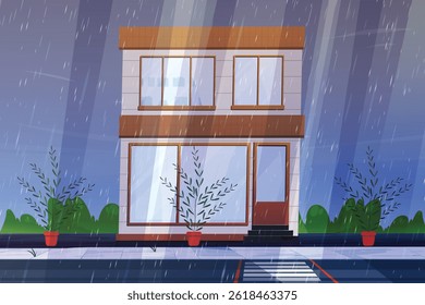 Illustration of a rainy scene in a housing complex