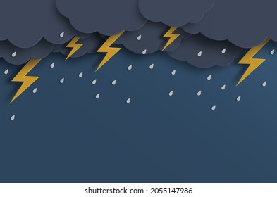 Illustration of rainy season with cloud thunderbolt and rain drop on sky dark background, paper cut and craft style. Vector illustration.