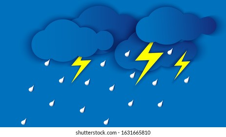 illustration of the rainy season, heavy rain, along with droplets of rain / rains drop and lightning, blue background, paper cut, craft style 3D Vector