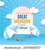 Illustration for Rainy season . Monsoon Huge Offer or Sale with creative design , umbrella, clouds, water drops.