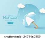 Illustration for Rainy season . Monsoon Huge Offer or Sale with creative design , umbrella, clouds, water drops.