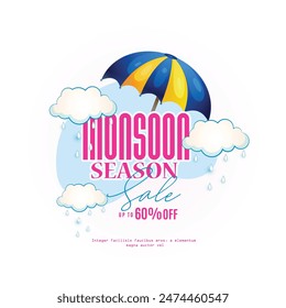 Illustration for Rainy season . Monsoon Huge Offer or Sale with creative design , umbrella, clouds, water drops.