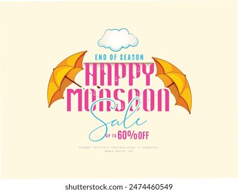 Illustration for Rainy season . Monsoon Huge Offer or Sale with creative design , umbrella, clouds, water drops.