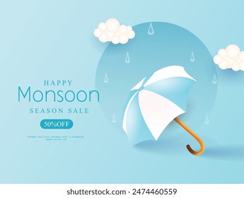 Illustration for Rainy season . Monsoon Huge Offer or Sale with creative design , umbrella, clouds, water drops.