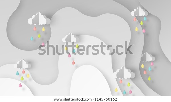 抽象的な空の背景に梅雨のイラスト 素敵な梅雨 をデザインして パステルの色にカラフルな雨 紙の切れ目と工芸のスタイル ベクター画像 イラトス のベクター画像素材 ロイヤリティフリー
